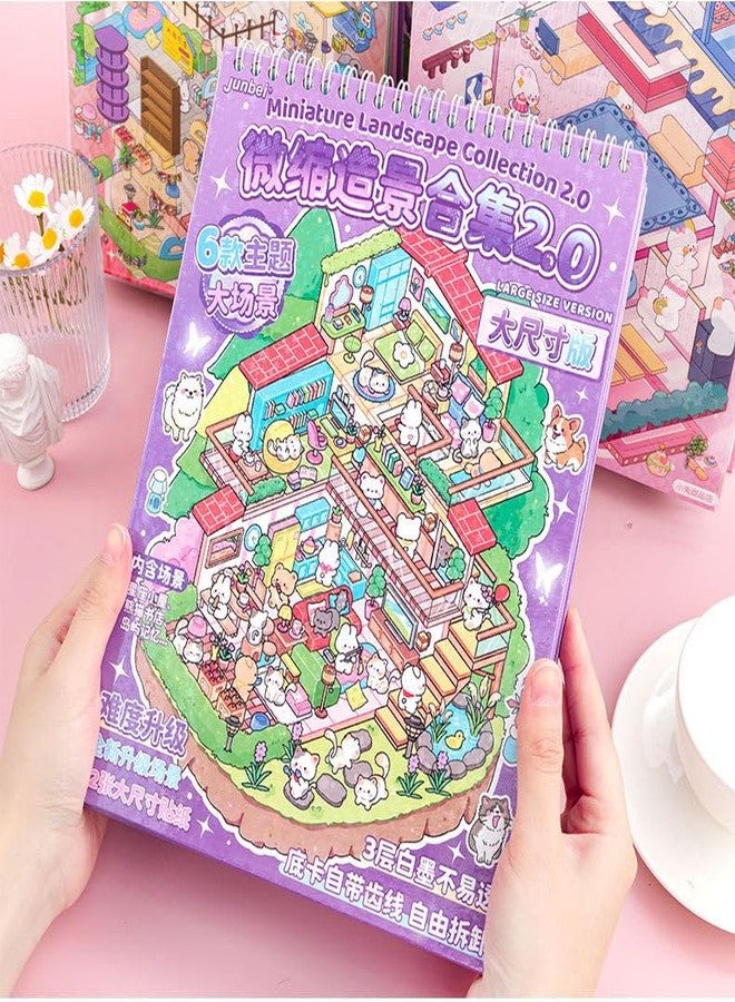 SAMVARDHAN Miniature Worlds Sticker Book for Kids - Tiny Escape Collection 2.0 DIY Miniature Bakery, Coffee Shop & Pet Clinic, Creative Play Sticker Book with 12 Large Stickers & Scenes (Purple) - Image 1